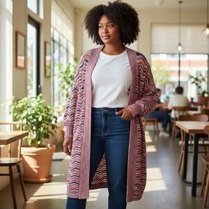 Catherines Chevron Knit Longline Cardigan Sweater Multicolor Open Front 3X